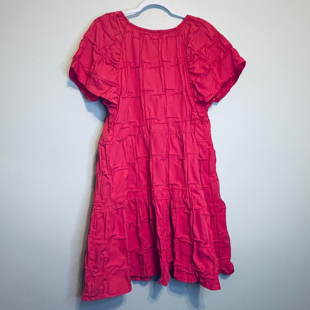 Textured Hot Pink Mini Dress with Puff Sleeves - Picture 2 of 6